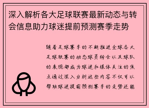 深入解析各大足球联赛最新动态与转会信息助力球迷提前预测赛季走势