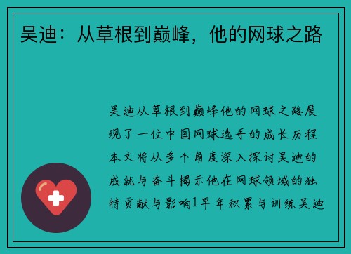 吴迪：从草根到巅峰，他的网球之路