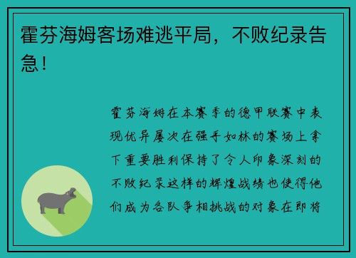 霍芬海姆客场难逃平局，不败纪录告急！